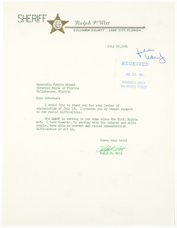 Letter from Columbia County Sheriff Ralph P. Witt to Governor Farris Bryant Regarding Local Race Relations, July 29, 1964