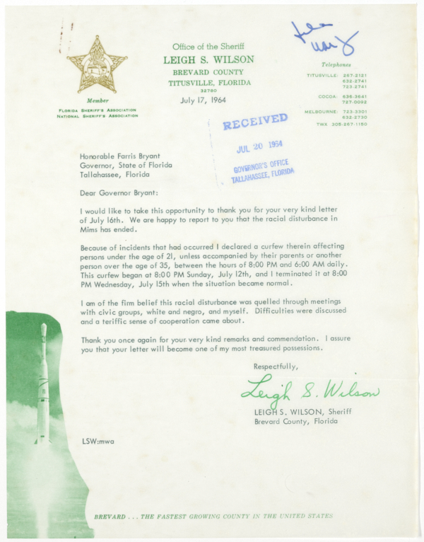 Letter from Brevard County Sheriff Leigh Wilson to Governor Farris Bryant Regarding Local Race Relations, July 17, 1964