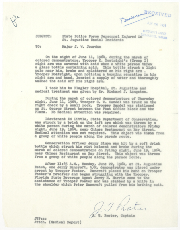 Report Describing Injuries Sustained by Law Enforcement Personnel During Civil Rights Demonstrations and Counter-Demonstrations in St. Augustine, 1964