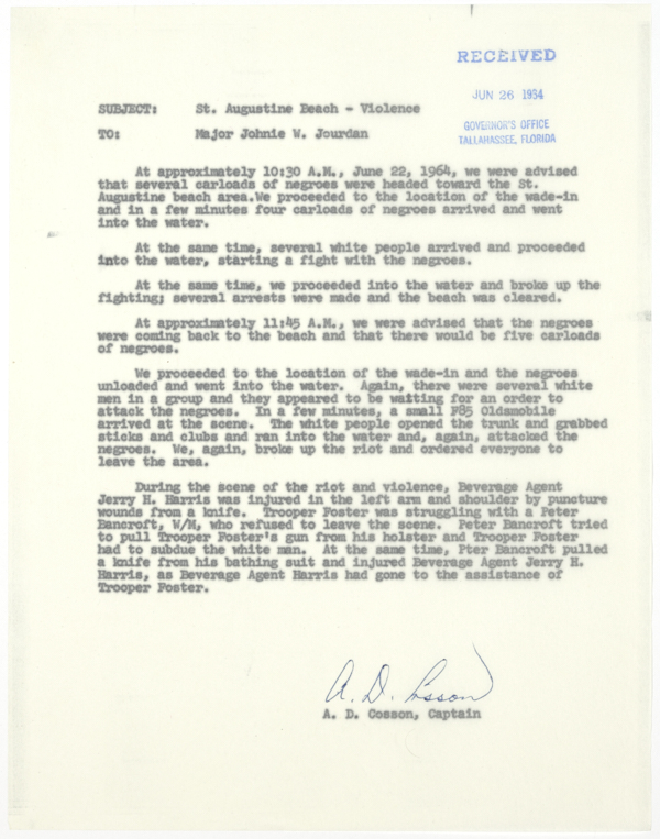 Report by Captain A.D. Cosson Concerning Violence During a Civil Rights Demonstration on St. Augustine Beach, June 22, 1964