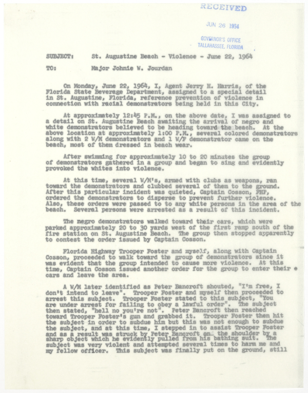 Report by State Beverage Agent Jerry H. Harris Concerning Violence During a Civil Rights Demonstration on St. Augustine Beach, June 22, 1964