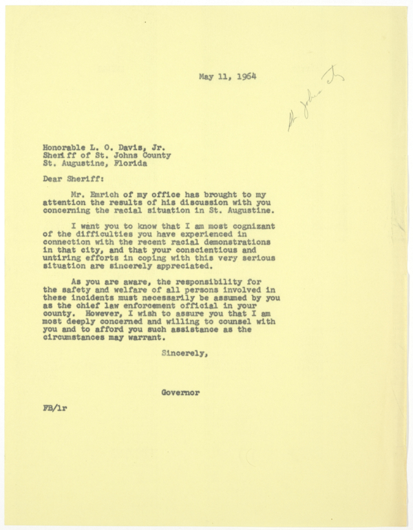 Letter from Governor Farris Bryant to St. Johns County Sheriff L.O. Davis Regarding Race Relations in St. Augustine, May 11, 1964