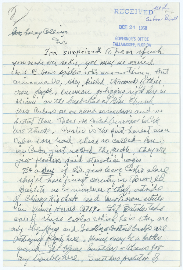 Letter to Governor LeRoy Collins Concerning Fidel Castro and the Cuban Revolution, 1960