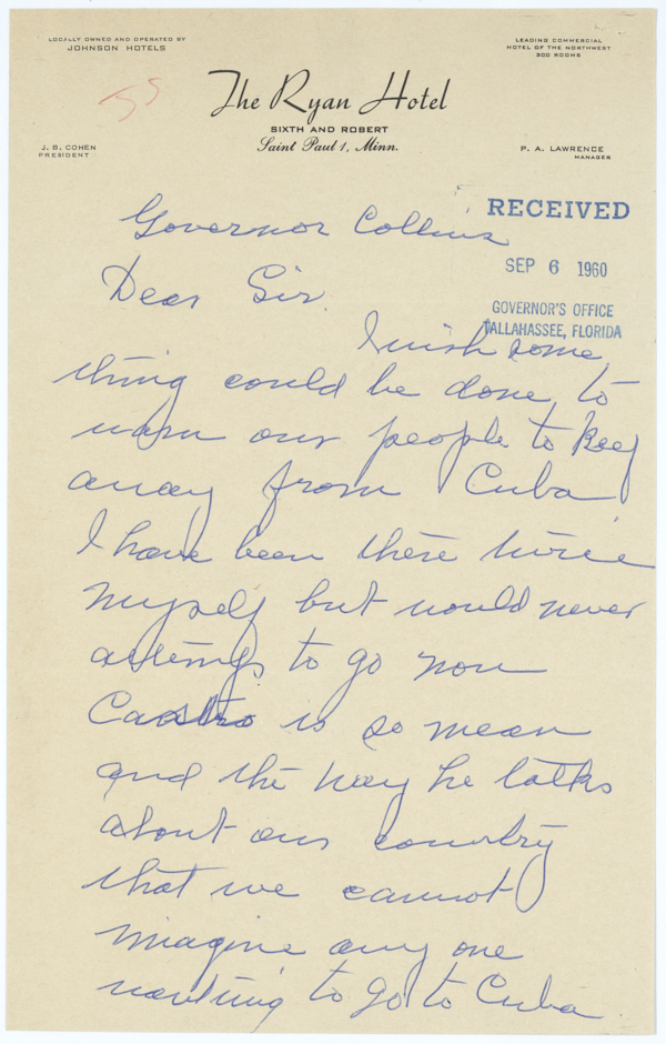 Correspondence Between Mrs. W.G. Lyon and Governor LeRoy Collins Regarding U.S. Citizens Visiting Cuba, 1960