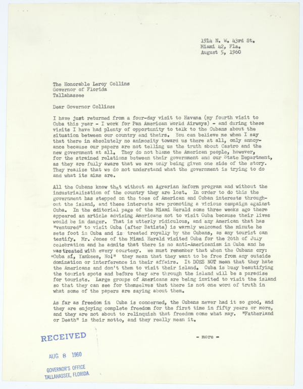 Correspondence Between Mrs. John Rodriguez and Governor LeRoy Collins Regarding U.S.-Cuban Relations, 1960