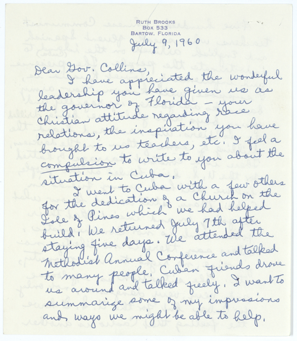 Correspondence Between Ruth Brooks and Governor LeRoy Collins Regarding U.S.-Cuban Relations, 1960