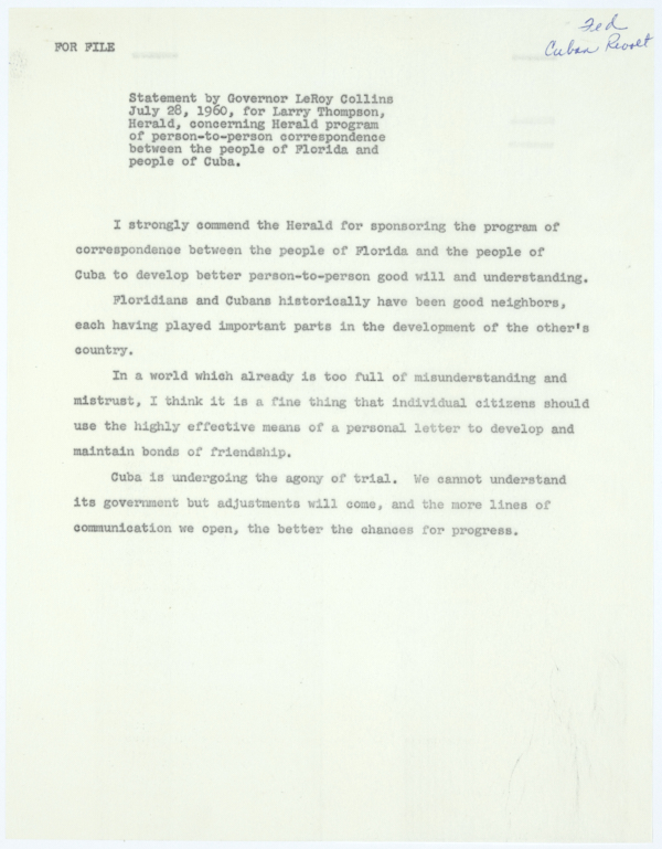 Statement by Governor LeRoy Collins Regarding the Miami Herlad's Person-to-Person Letter Writing Campaign to Improve U.S.-Cuban Understanding, July 28, 1960