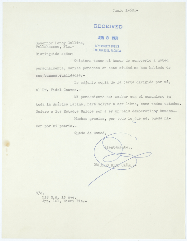 Correspondence Between Orlando Diaz Canal and Governor LeRoy Collins Regarding Fidel Castro, 1960