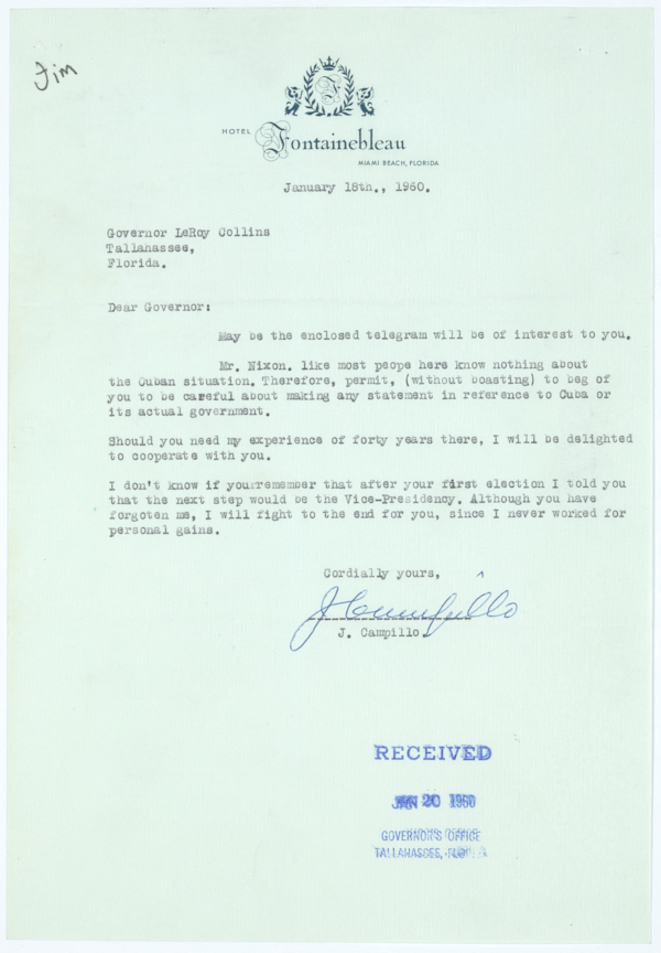 Correspondence Between J. Campillo and Governor LeRoy Collins Regarding Cuban Relations, 1960