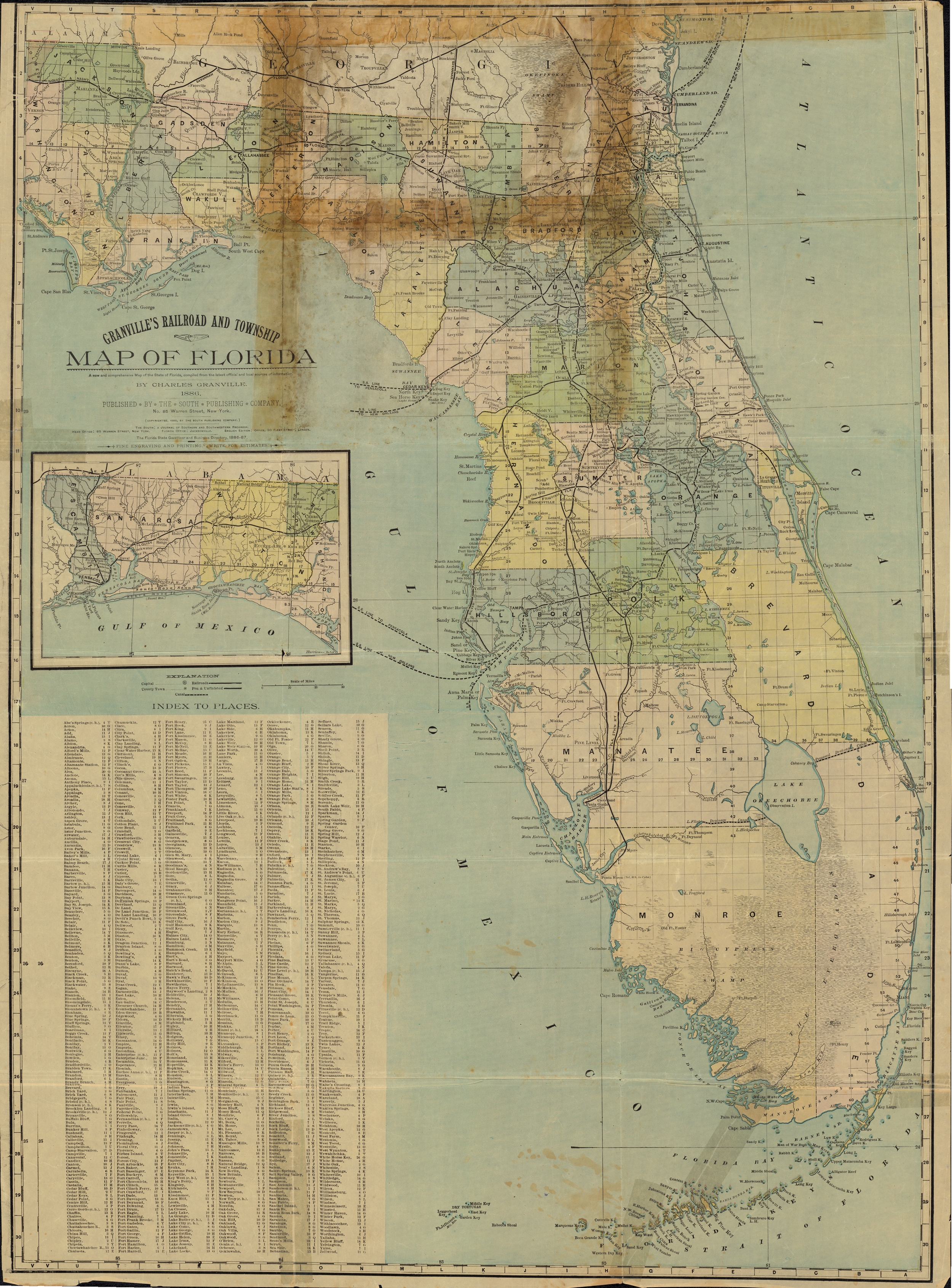 Granville's Railroad and Township Map of Florida, 1886