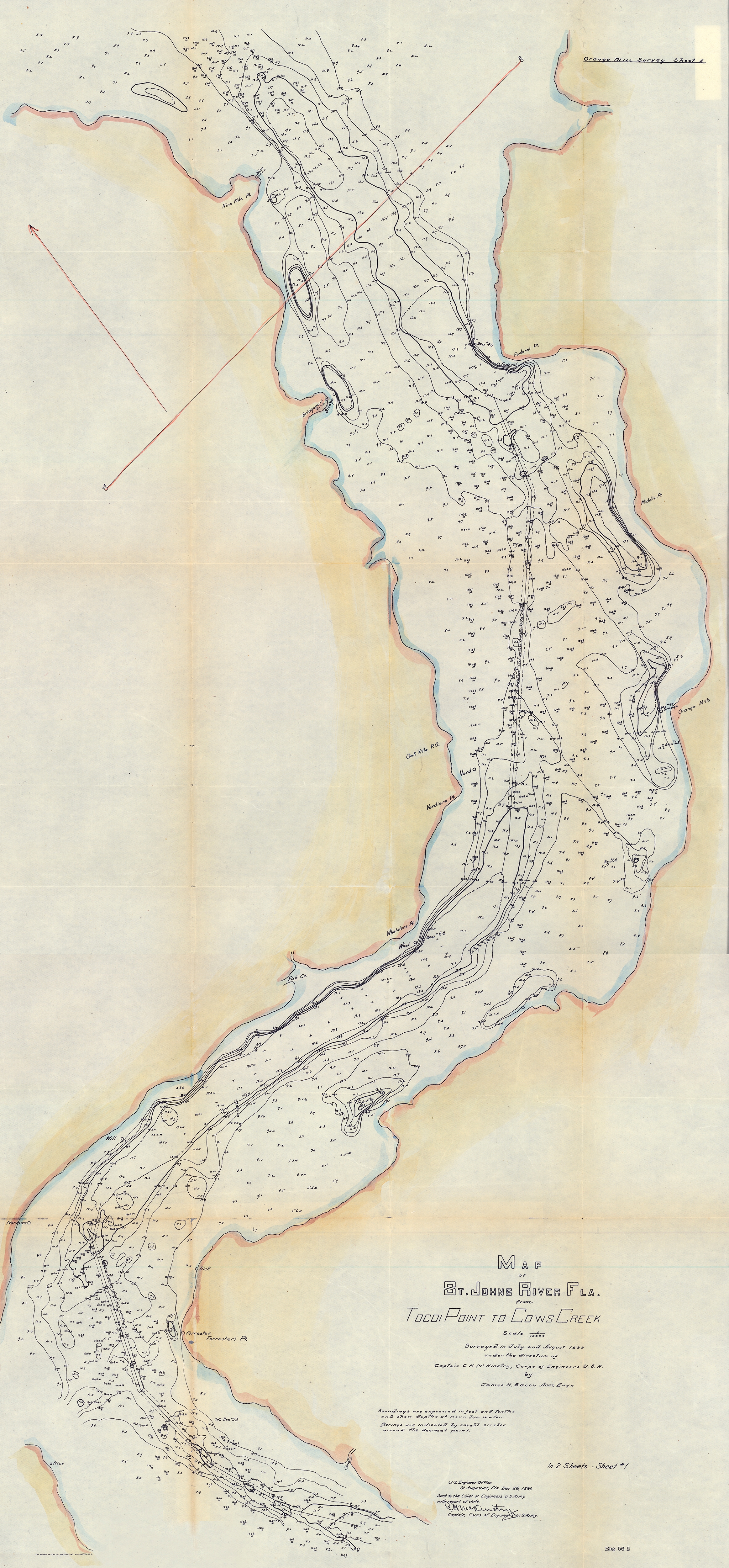 St. Johns River Nautical Chart, Tocoi Point to Cows Creek, 1899