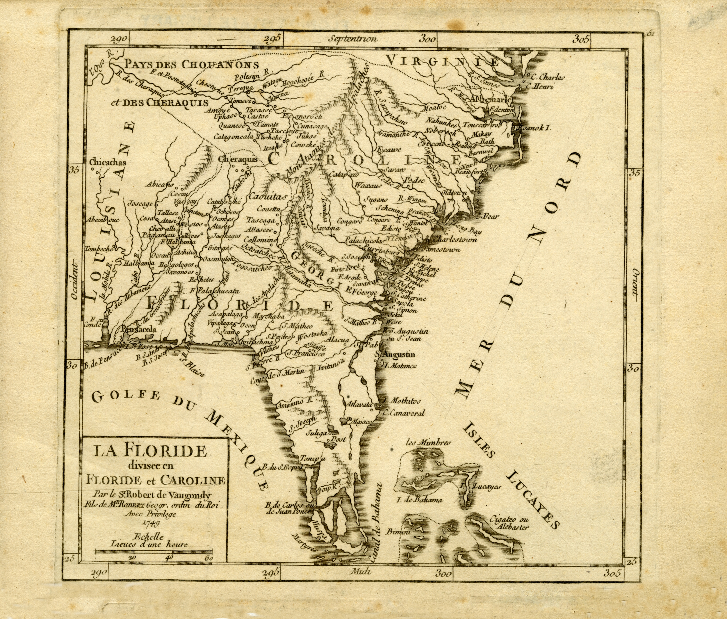 Map of Florida and Carolinas, 1749