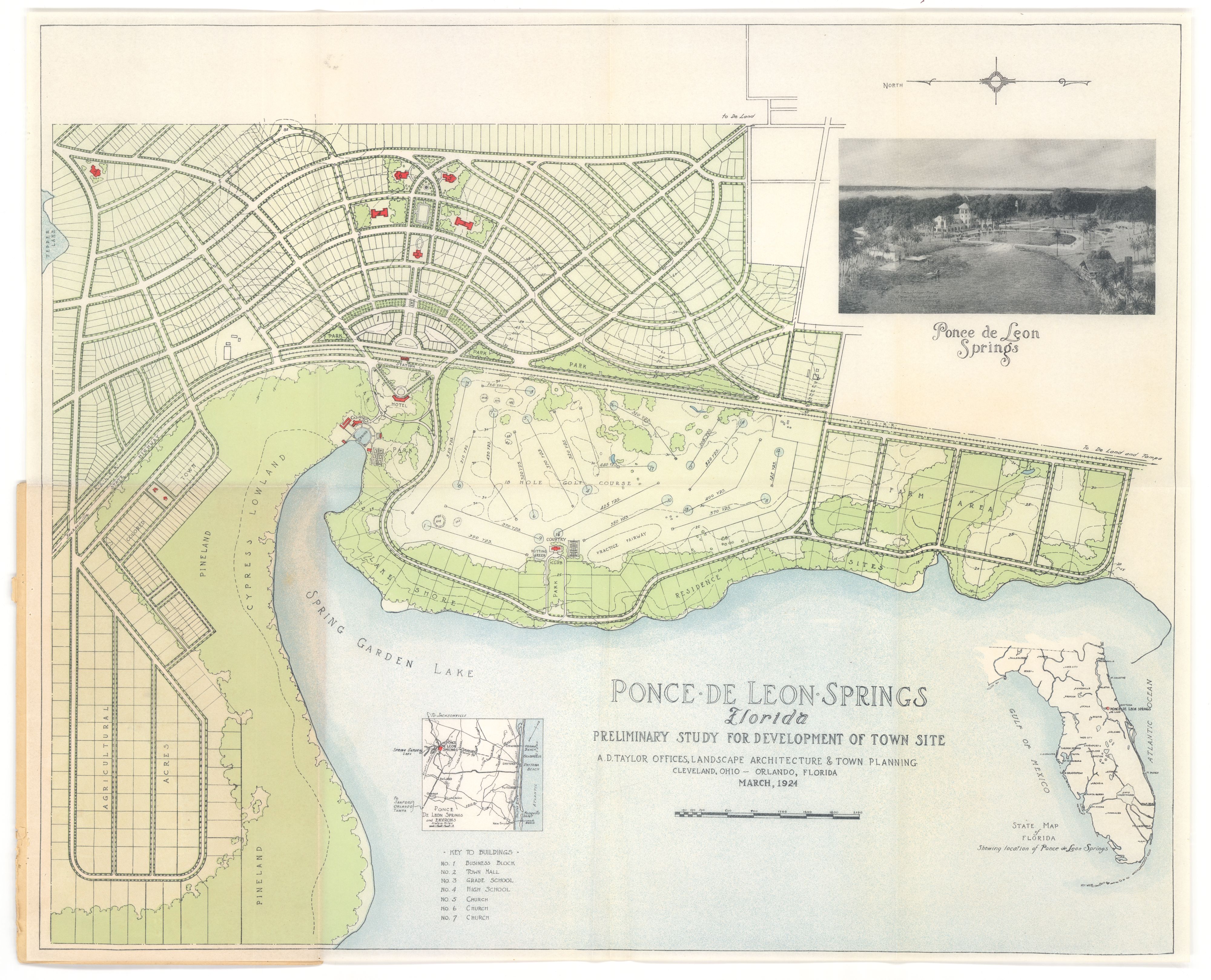 A colored plat map showing the layout of the prospective Ponce de Leon Springs development. Note the golf course, farm, and 