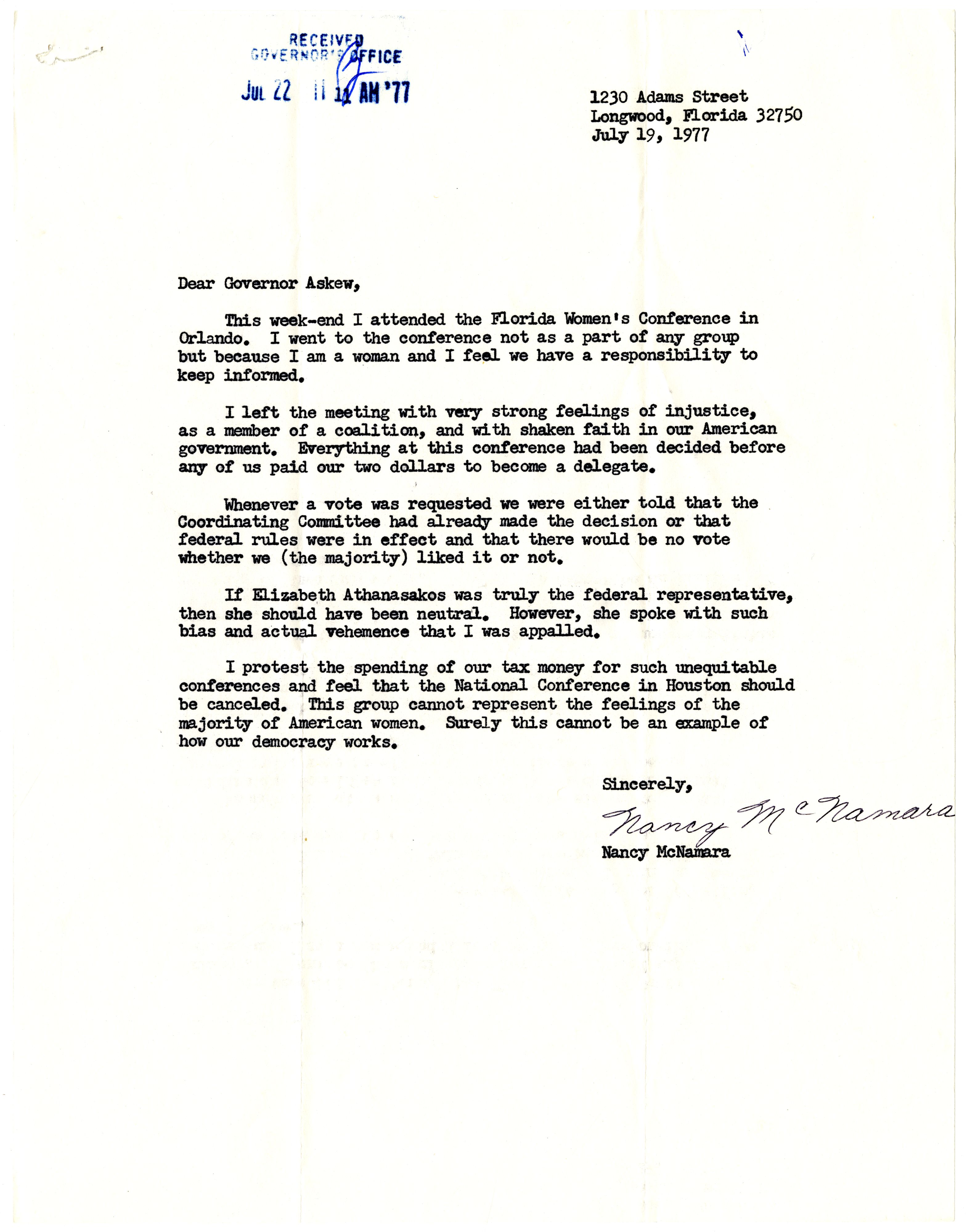 Letter from Nancy McNamara to Governor Reubin Askew regarding the Florida Women's Conference, July 19, 1977.