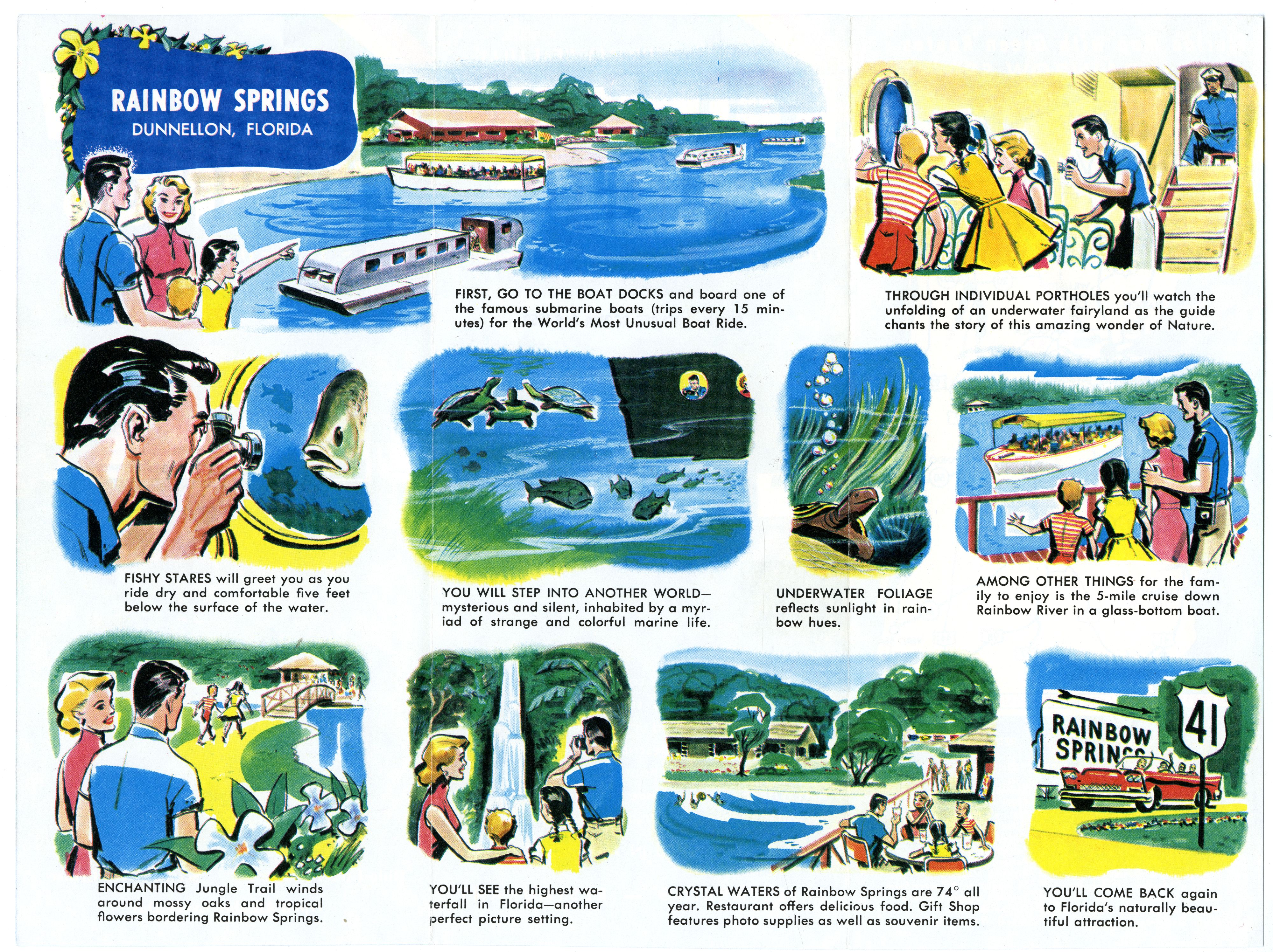 Brochure from around 1959 advertising Rainbow Springs. Click or tap the image to view the entire brochure.