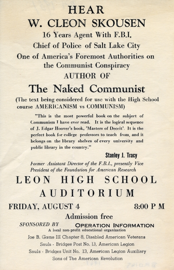 Announcement for anti-Communist lecture by W. Cleon Skousen