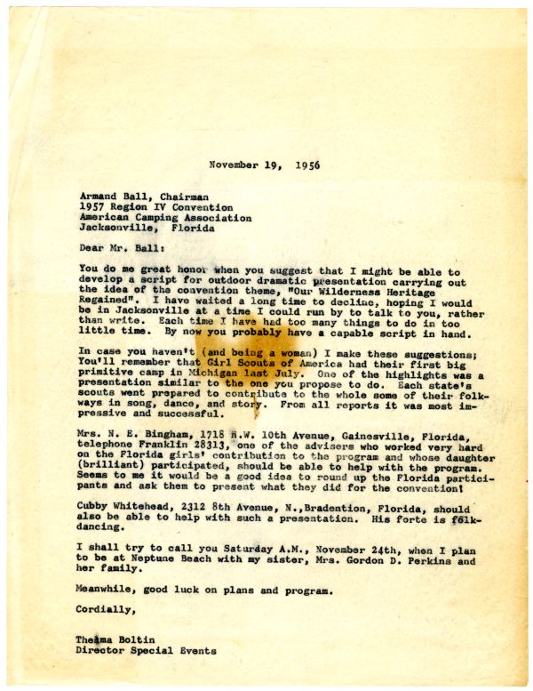 Letter from Thelma Boltin to Armand Ball, 1956