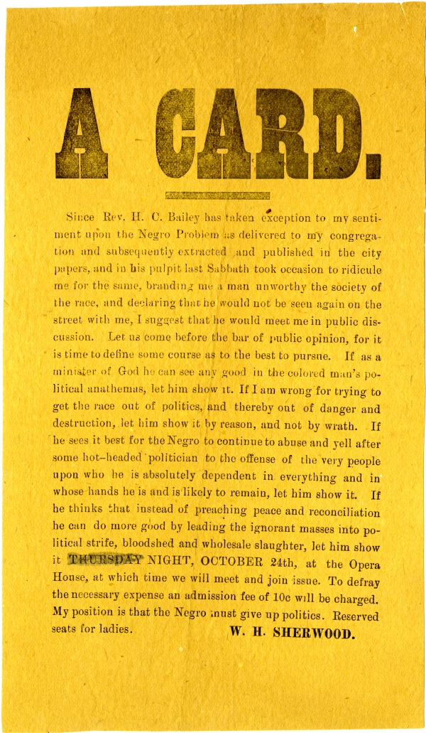 "A Card." written by W. H. Sherwood, 1889