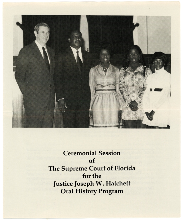 Program, Ceremonial Session of the Florida Supreme Court for the Justice Joseph W. Hatchett Oral History Program, May 2, 1990, in Box 6, Reubin Askew Photographs and Audio-Visual Materials, 1941-1999 (Collection N2000-9), State Archives of Florida.