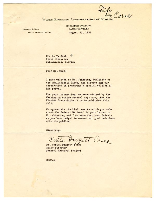 Letter from Carita Doggett Corse to W.T. Cash, 1938