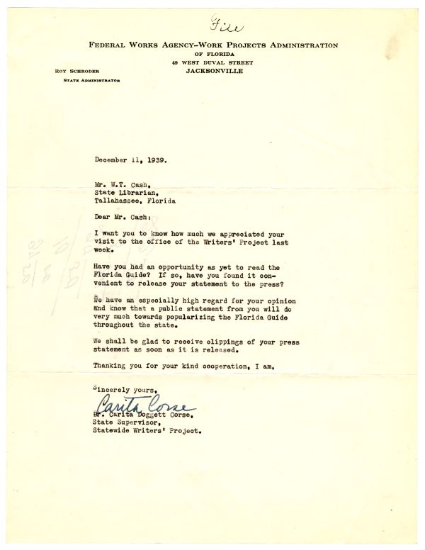 Letter from Carita Doggett Corse to W.T. Cash, 1939