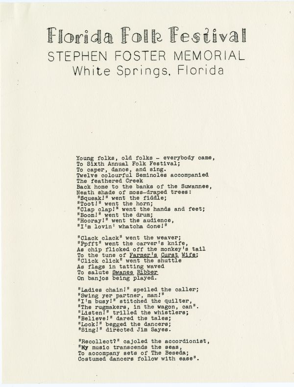 Florida Folk Festival Poem by Thelma Boltin, ca. 1958