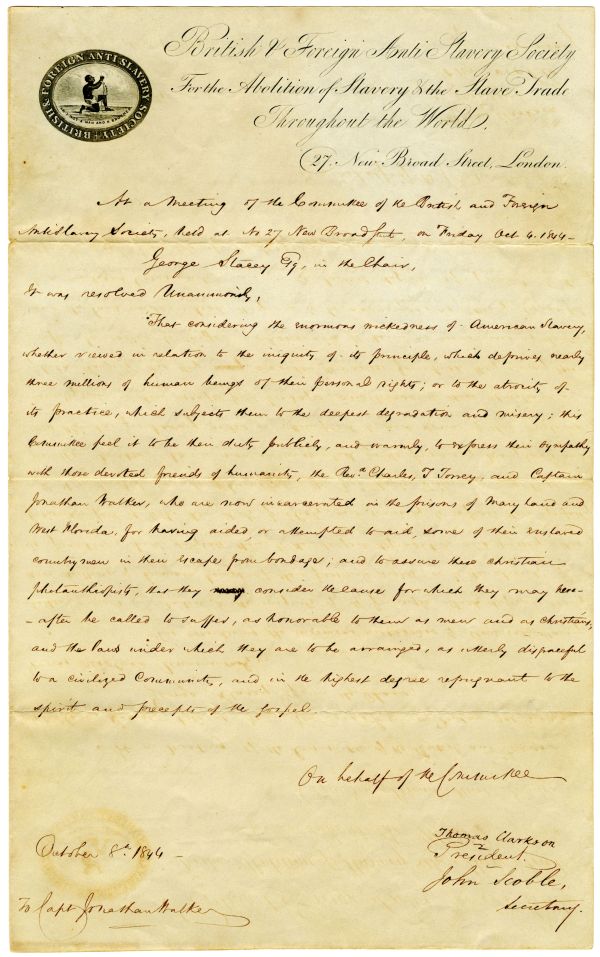 Letter from John Scoble to Jonathan Walker with Resolution from the British and Foreign Anti-Slavery Society, 1844