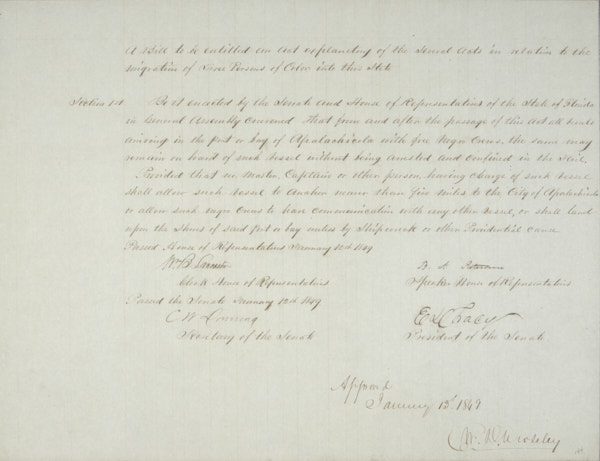 A Bill to Be Entitled an Act Explanatory of the Several Acts in Relation to the Migration of Free Persons of Color into This State, January 13, 1849 (State Archives of Florida, Series S222).