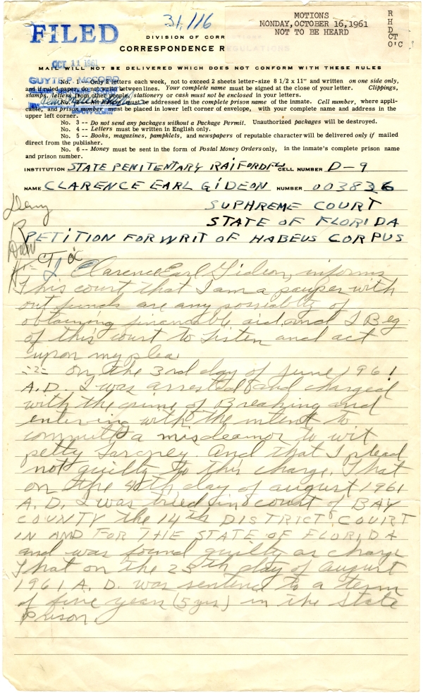 Petition for Writ of Habeas Corpus by Clarence Earl Gideon, 1961
