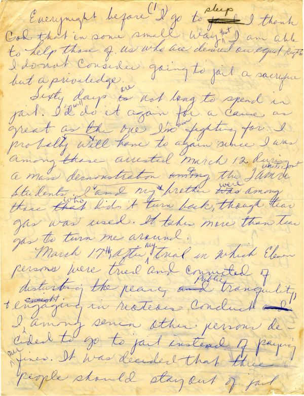 Draft of a letter from the Leon County Jail by Priscilla Stephens, ca. 1960