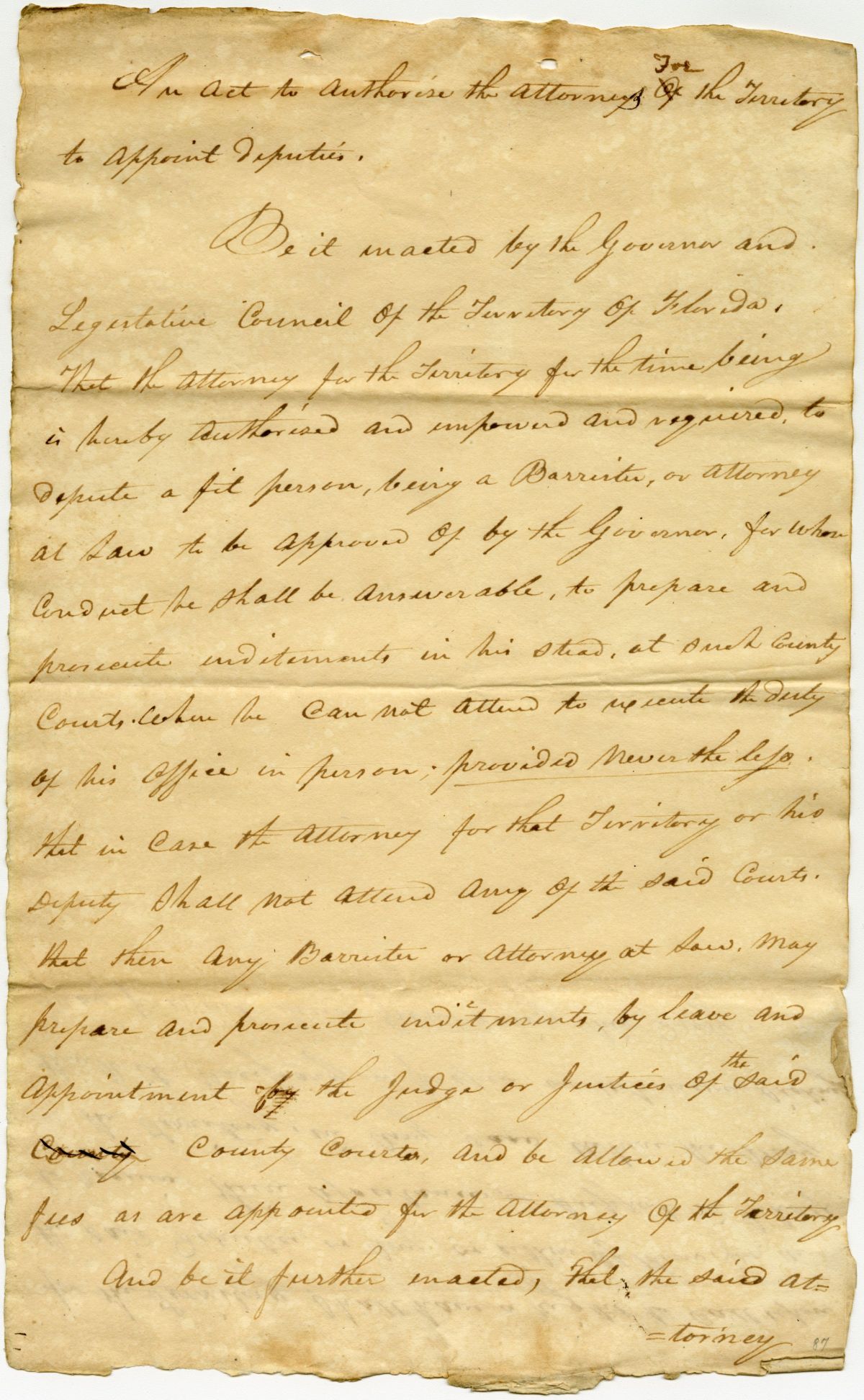 Draft of an Act Requiring the Attorney of the Florida Territory to Appoint Deputies, 1823