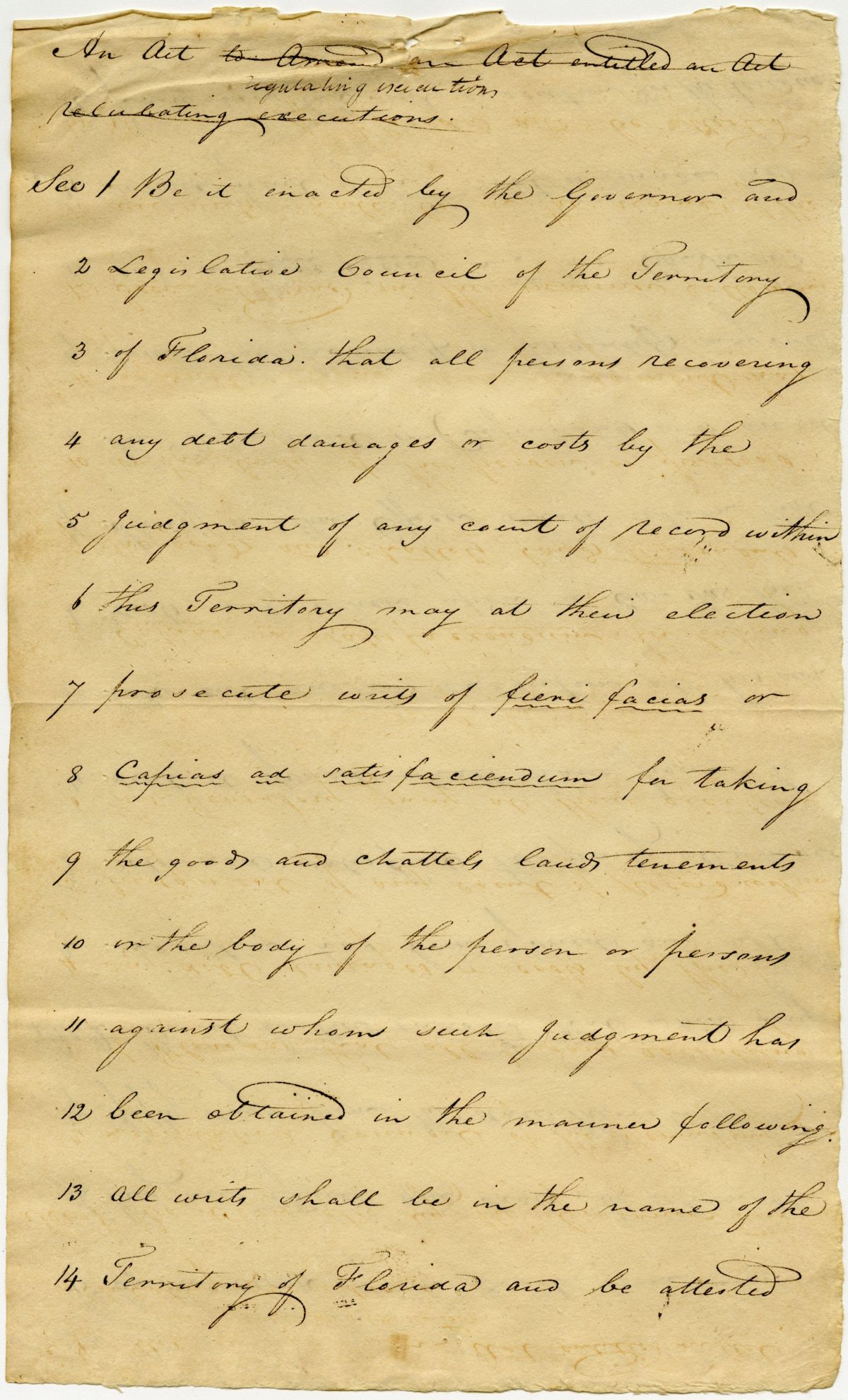 Draft of an Act Regulating Writs of Execution in the Territory of Florida, 1823