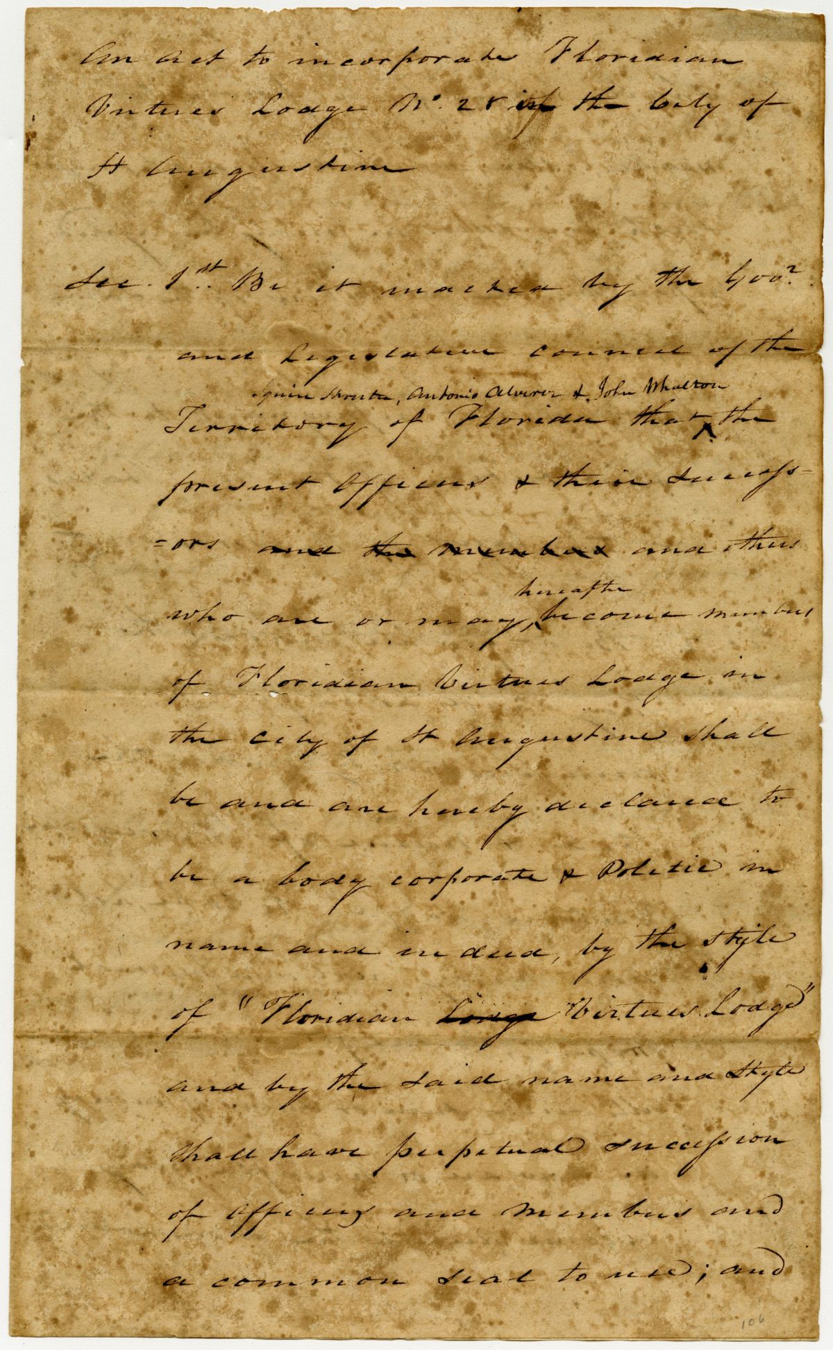 Draft of an Act Incorporating the Floridian Virtues Lodge in Saint Augustine, 1823