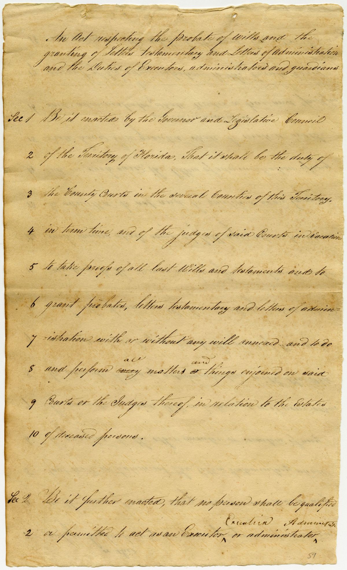 Draft of an Act Regulating Wills, Executors, Administrators, and Guardians in the Territory of Florida, 1823