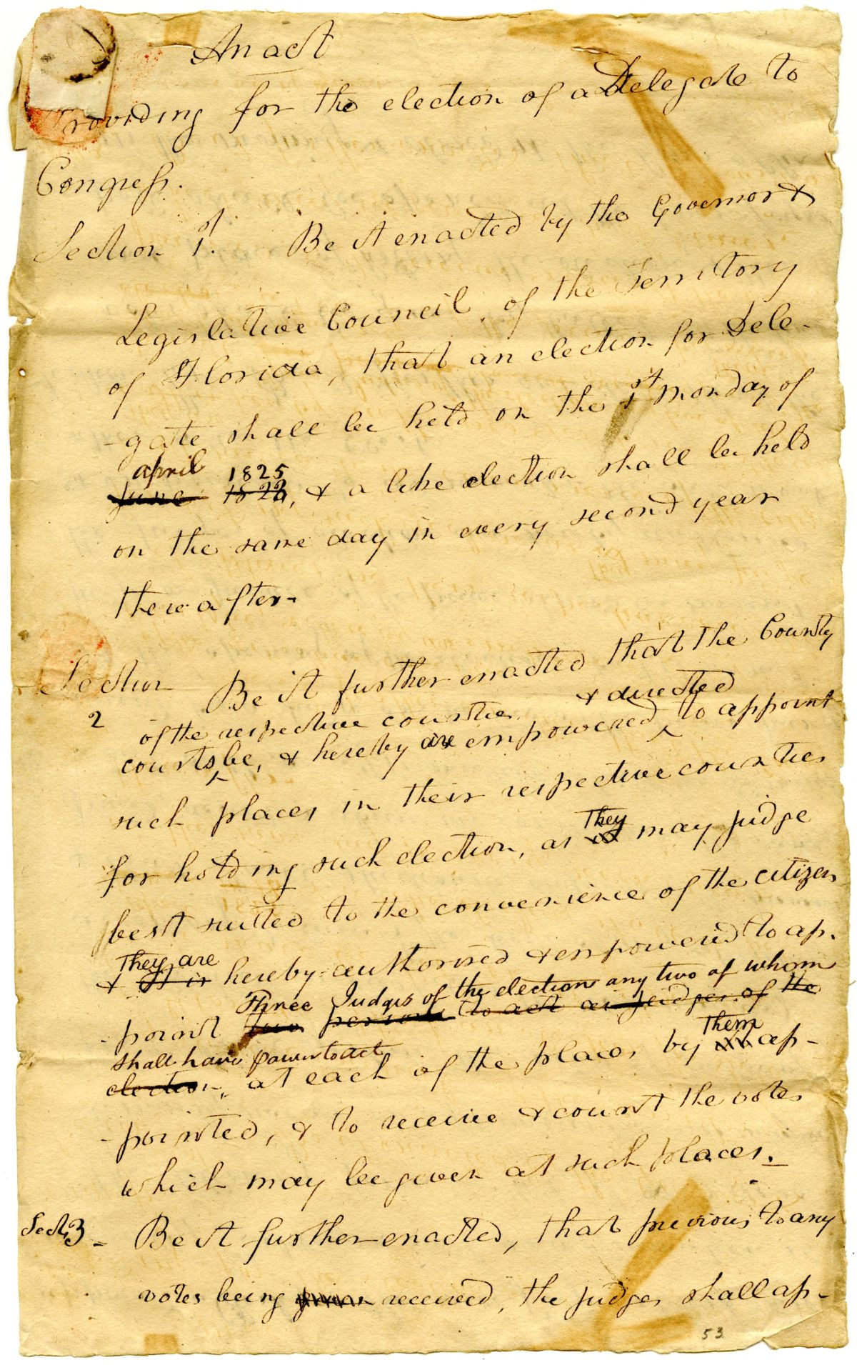 Draft of an Act Providing for the Election of a Florida Delegate to Congress, 1823