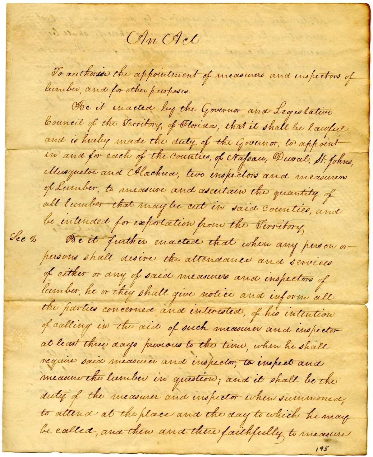 Draft of an Act Requiring the Governor of the Florida Territory to Appoint Lumber Inspectors, 1824