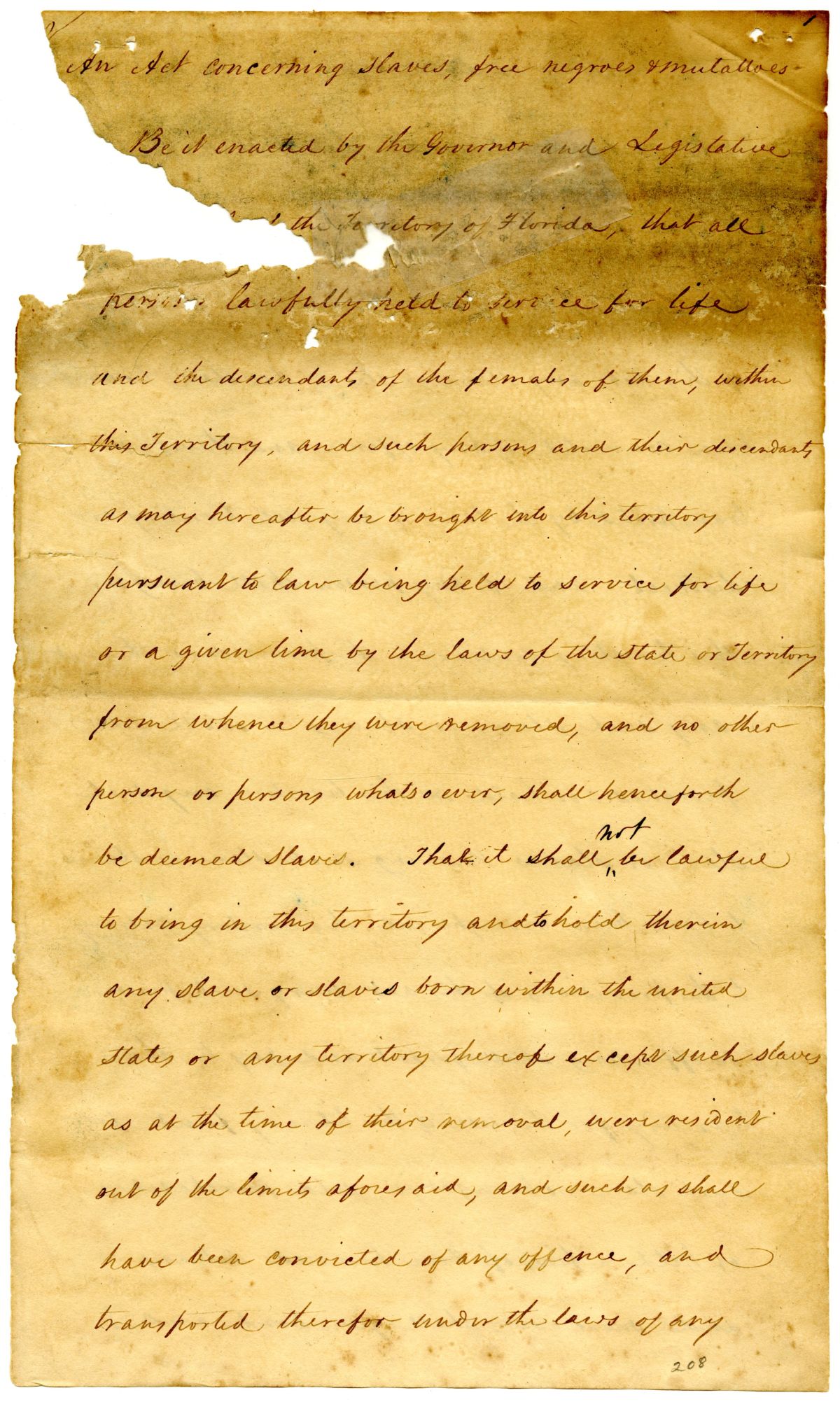 Draft of an Act Concerning Enslaved Persons and Free People of Color in the Territory of Florida, 1824