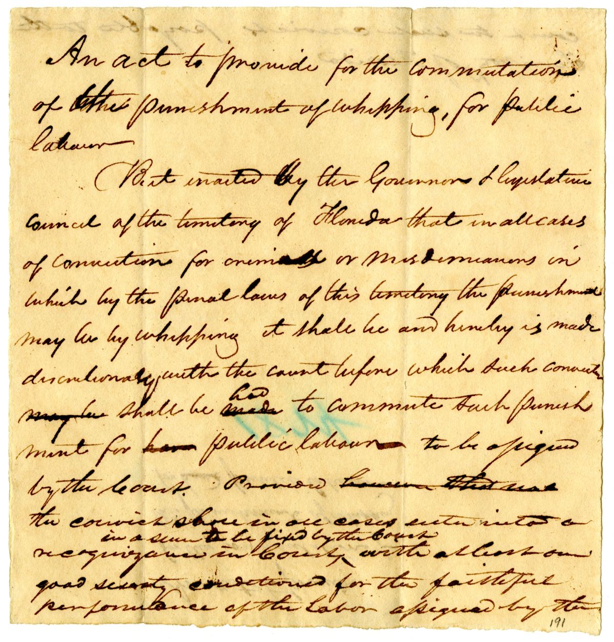 Draft of an Act to Commute the Punishment of Whipping to Public Labor, 1824