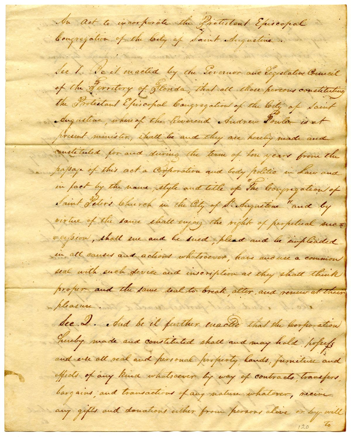 Drafts of an Act Incorporating the Protestant Episcopal Congregation in Saint Augustine, 1824