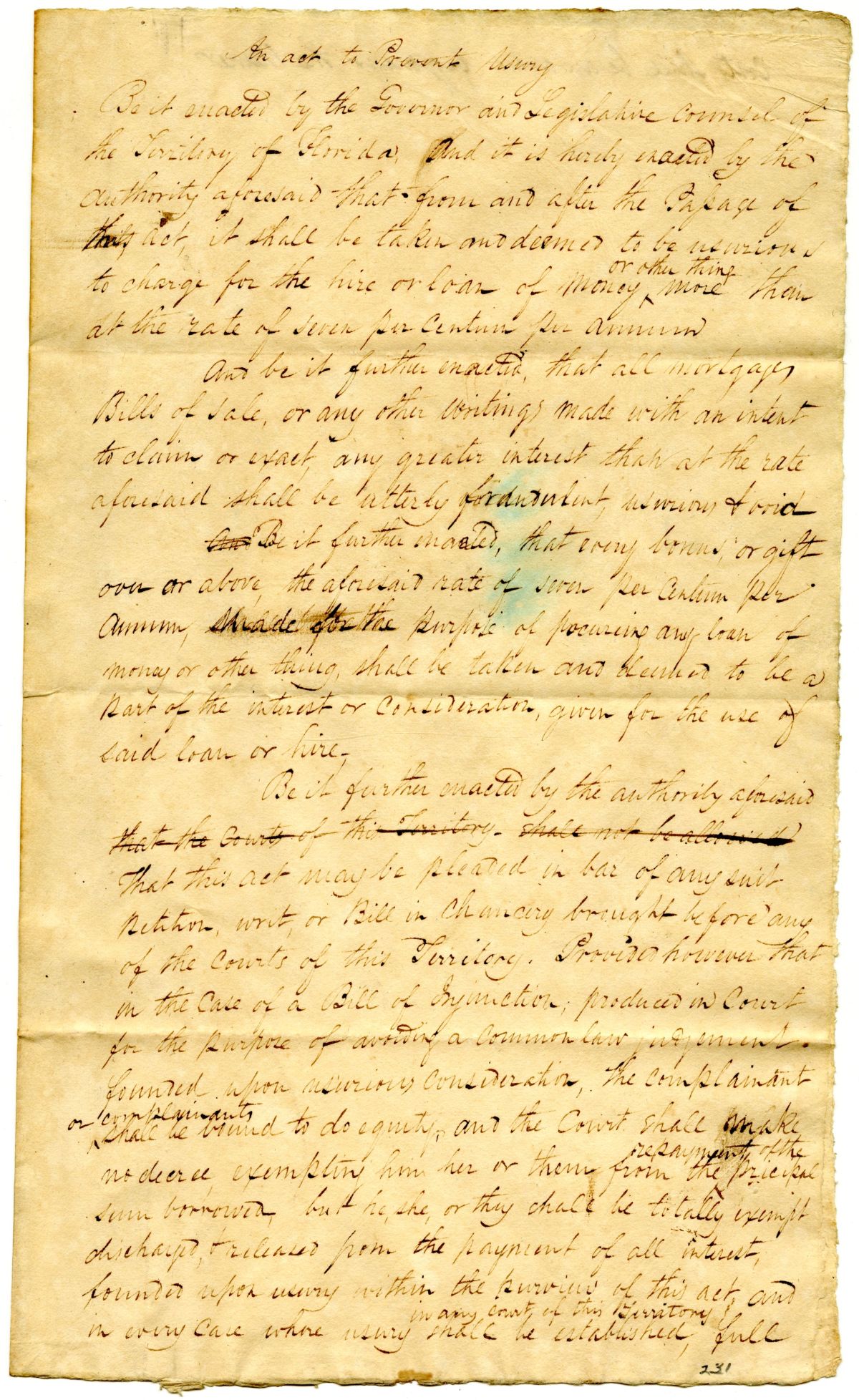 Draft of an Act to Prevent Usury in the Territory of Florida, 1824