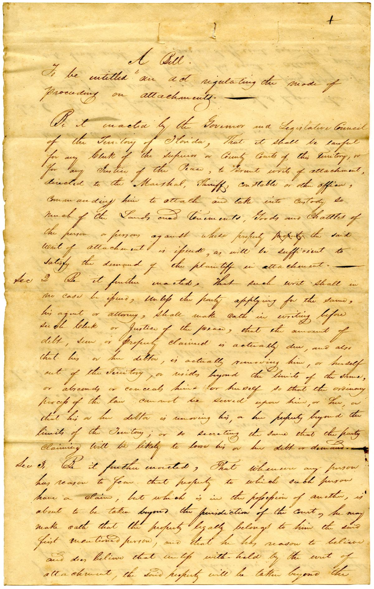 Draft of an Act Regulating Writs of Attachment in the Territory of Florida, 1823