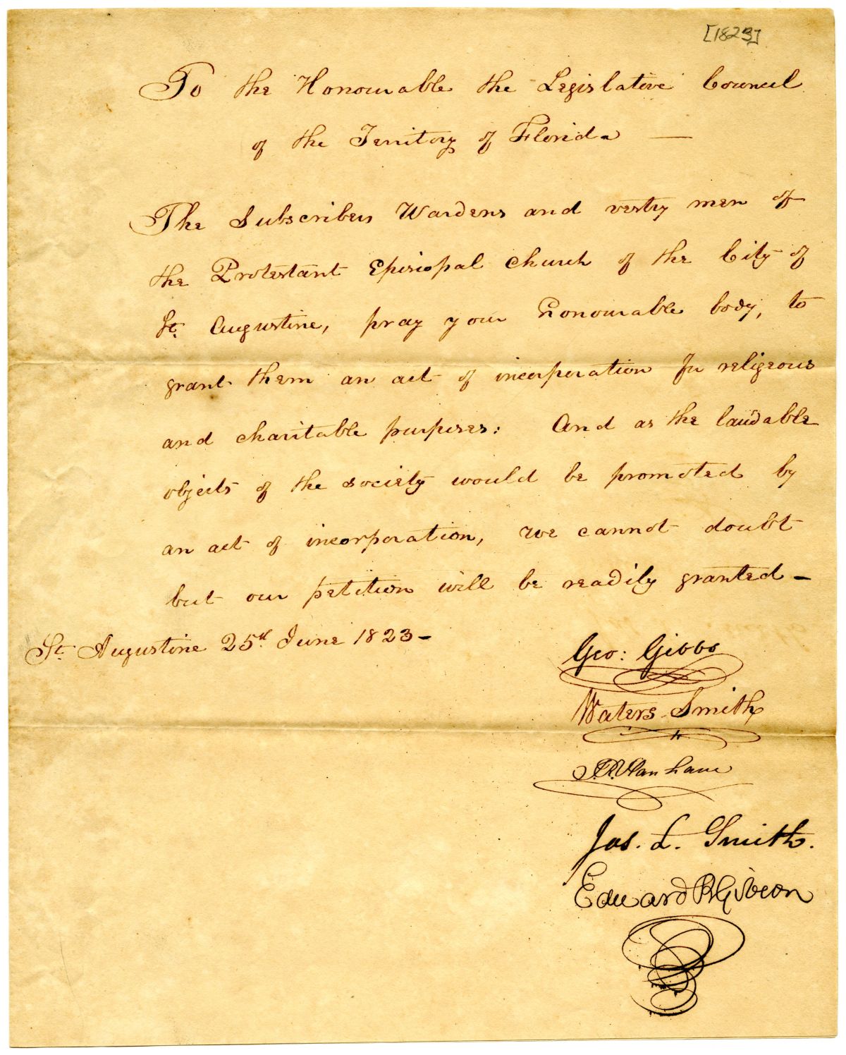 Petition Requesting the Incorporation of the Protestant Episcopal Church of Saint Augustine, 1823