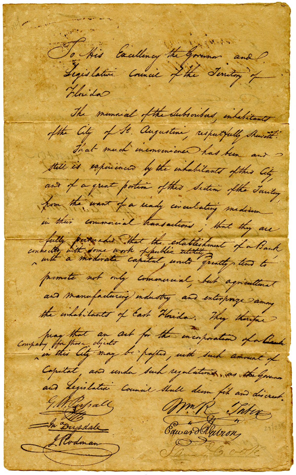 Petition from Residents of Saint Augustine Requesting the Incorporation of a Bank, 1824