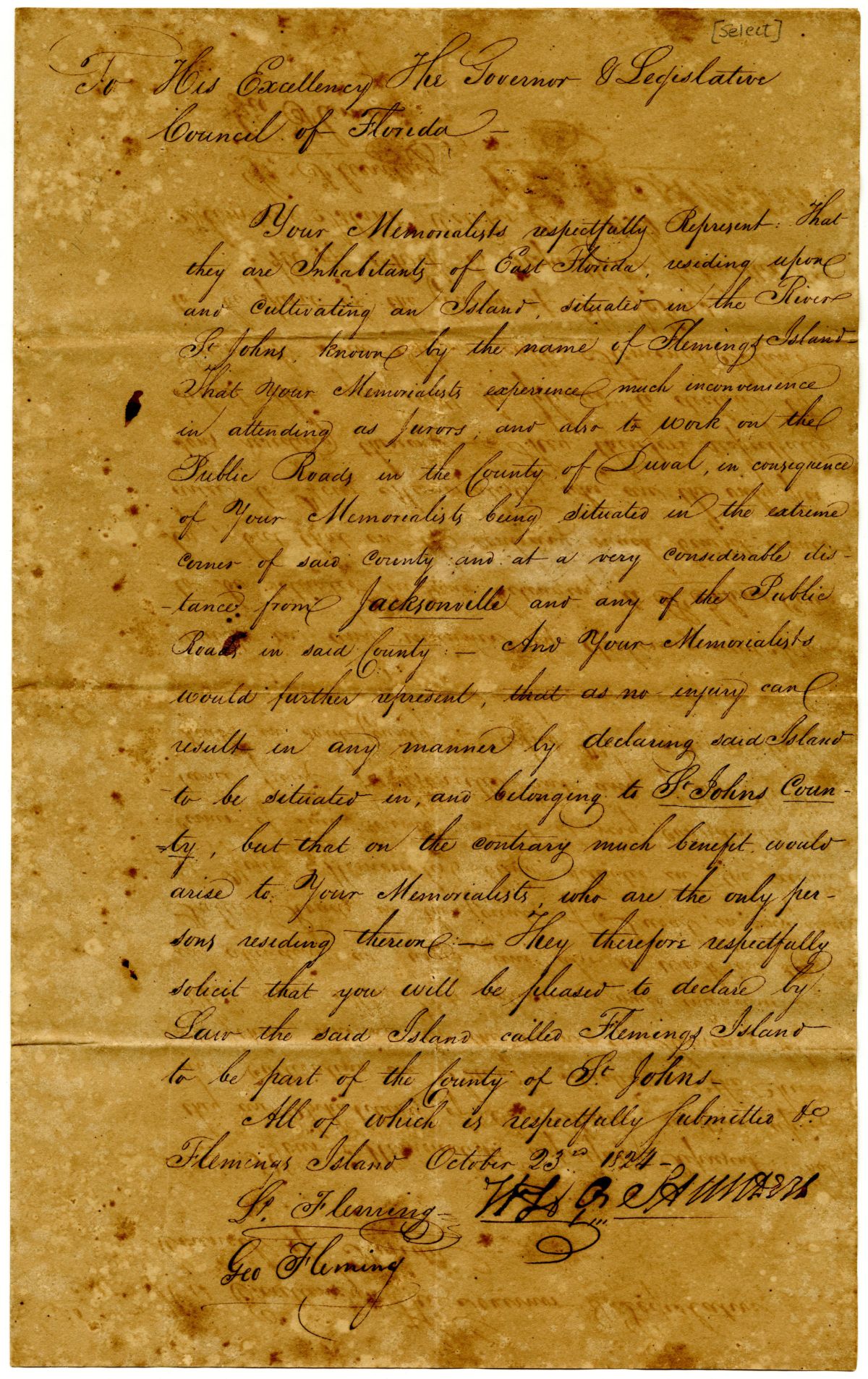 Petition from Residents of Flemings Island Requesting the Island Be Made Part of Saint Johns County, 1824