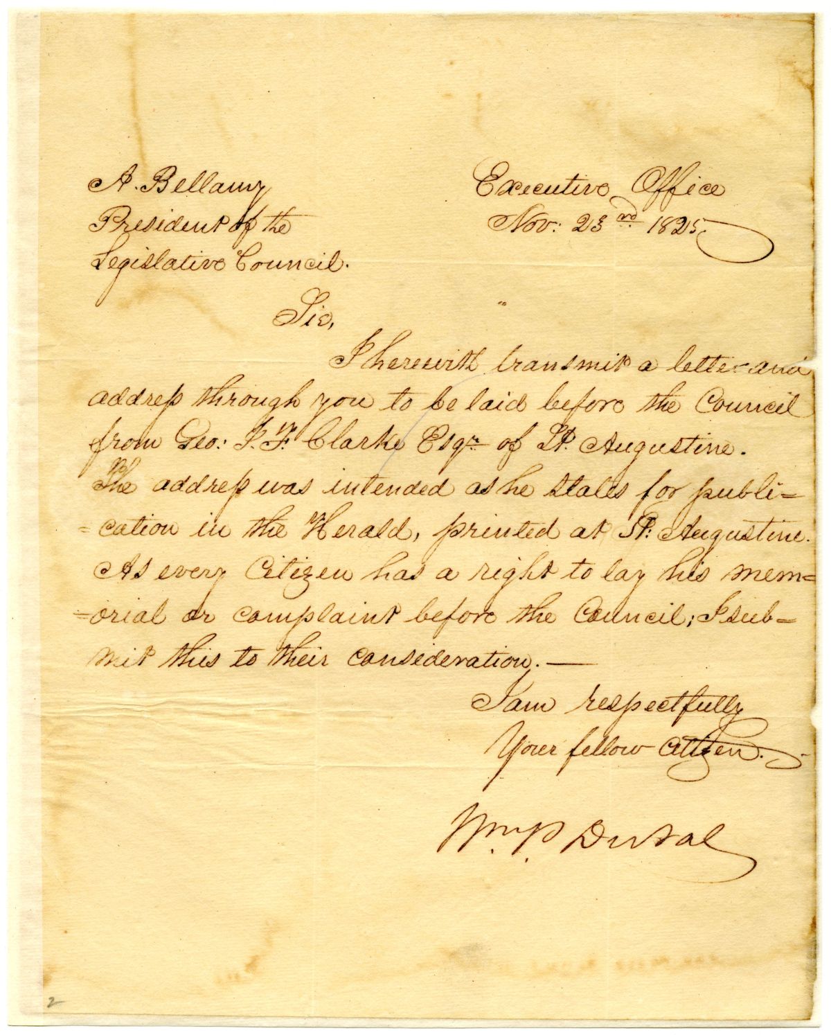 Letter from Governor William Pope Duval to the President of the Territorial Legislative Council Concerning a Letter from a Citizen, 1825