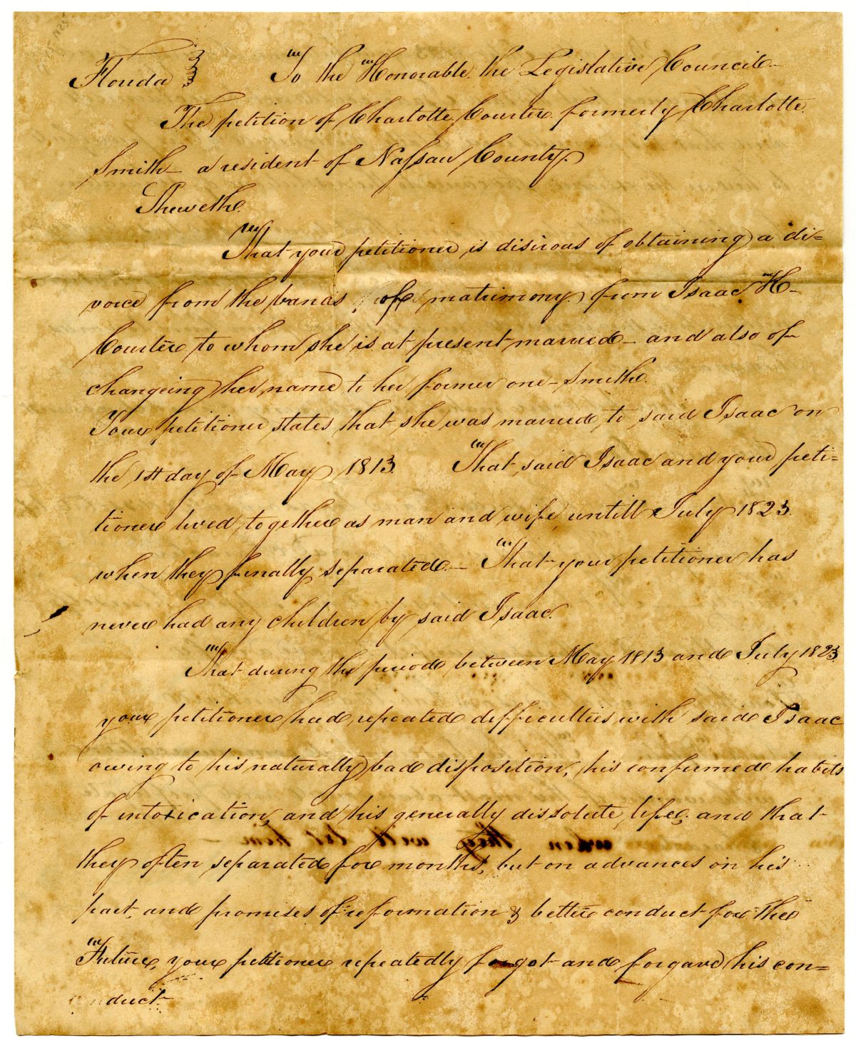 Divorce Petition of Charlotte Courter, 1825