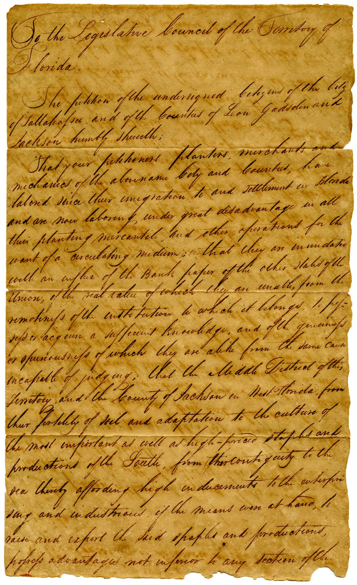 Petition of Citizens of Leon, Gadsden and Jackson Counties Requesting the Incorporation of a Bank, circa 1825