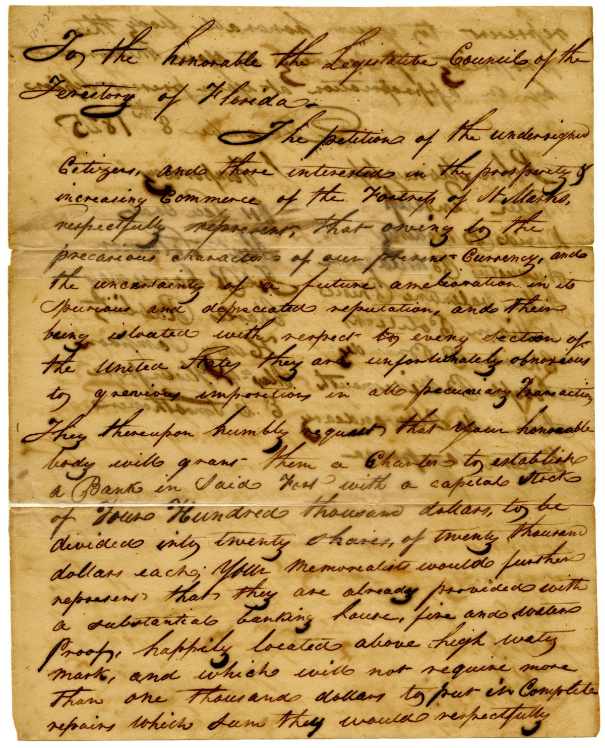 Petition of Citizens Requesting the Incorporation of a Bank at Saint Marks, 1825