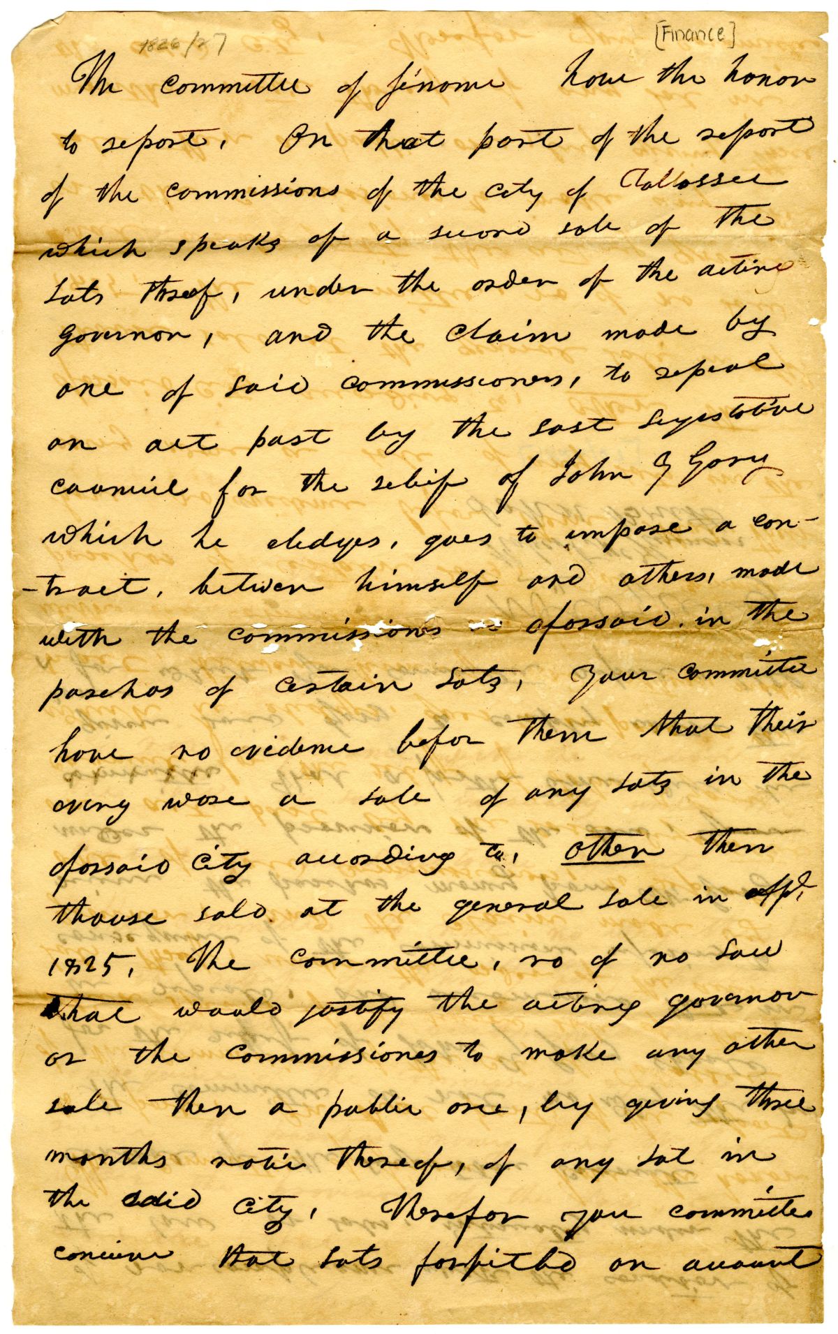 Report of the Committee of Finance Concerning the Sale of Lots in Tallahassee, 1826