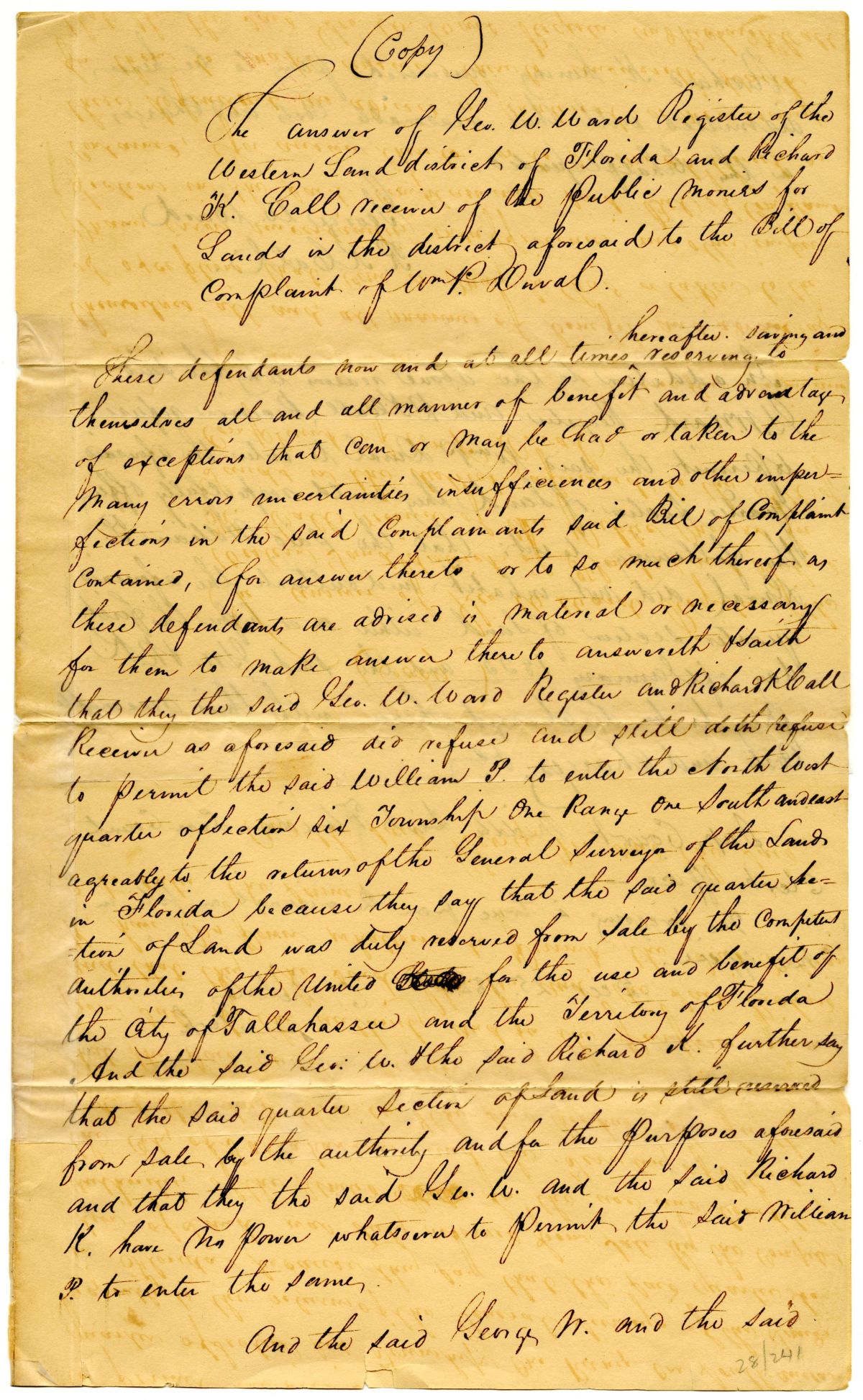 Response of R. K. Call and George W. Ward to a Bill of Complaint by William Pope Duval, 1826